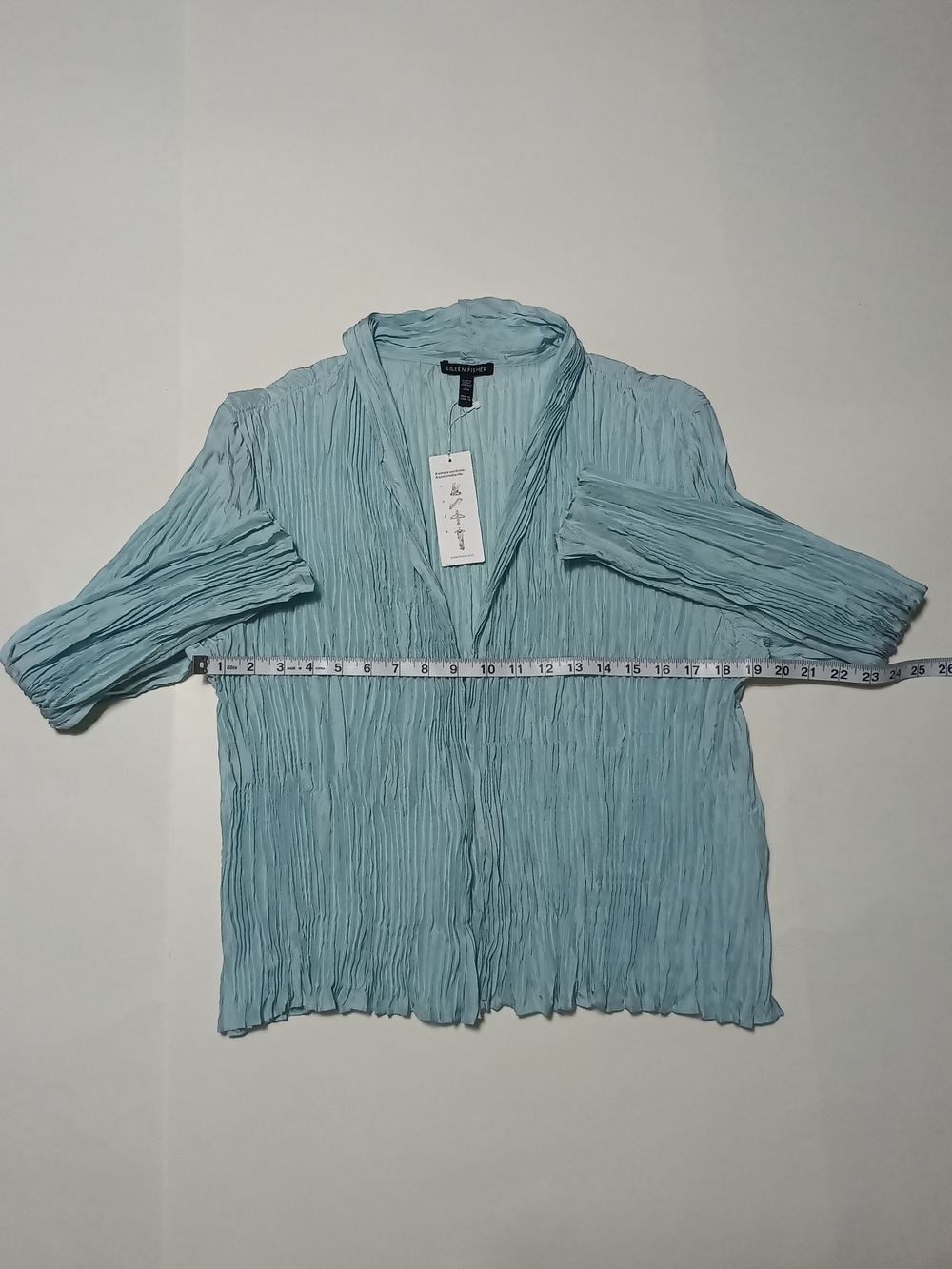 Eileen Fisher Crushed Pool Blue Silk Stand Collar Open-Front Cardigan/Jacket XL - Picture 6 of 11